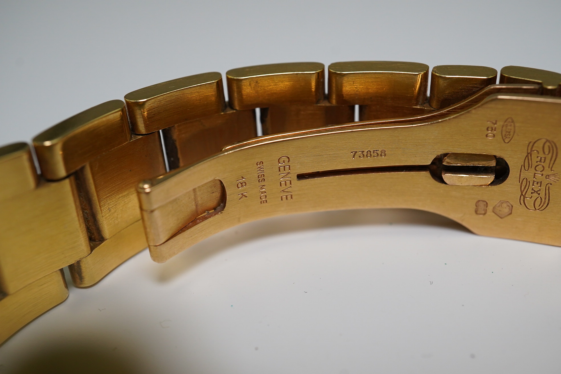 A gentleman's 2001 18ct gold Rolex Oyster Perpetual Day Date wrist watch, on an 18ct gold Rolex bracelet numbered 73858